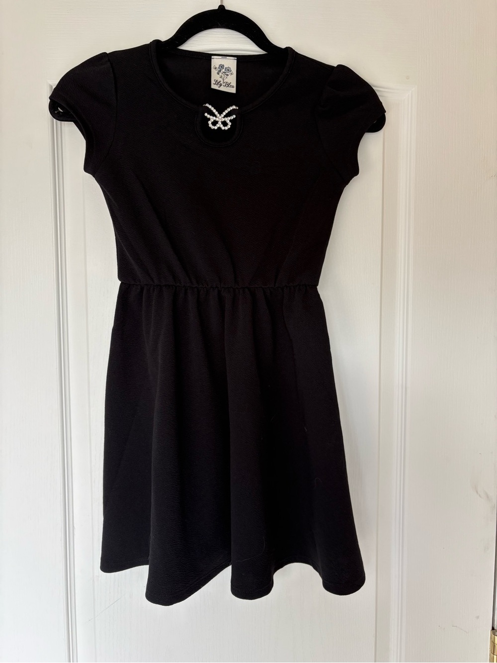 Lily Bleu Black Short Sleeve Dress with Pearl Bow Accent